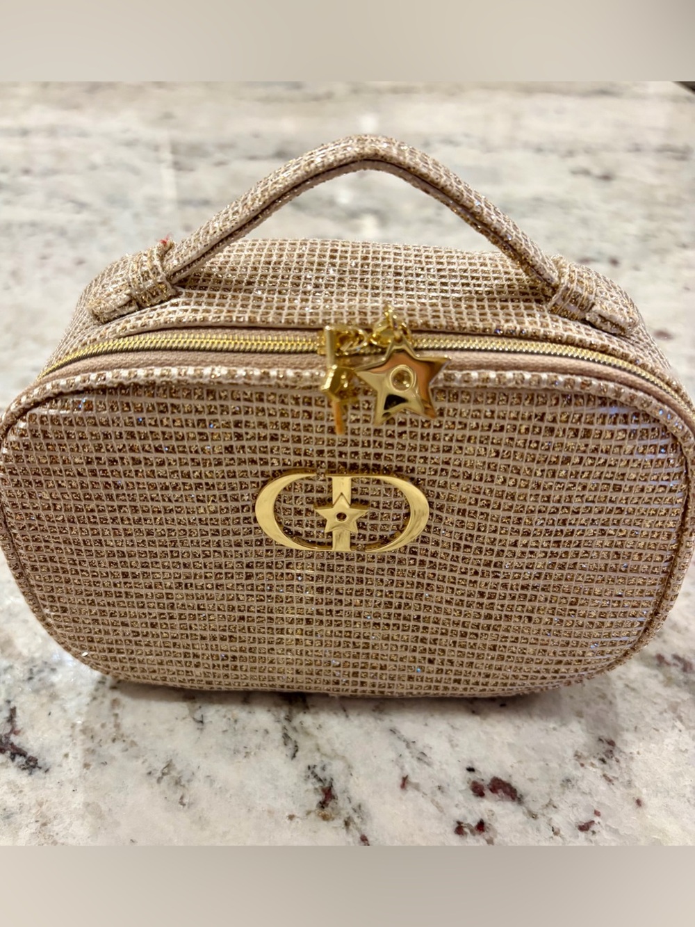NEW Dior Gold Glitter Top-Handle Cosmetic Case with star zipper pulls
